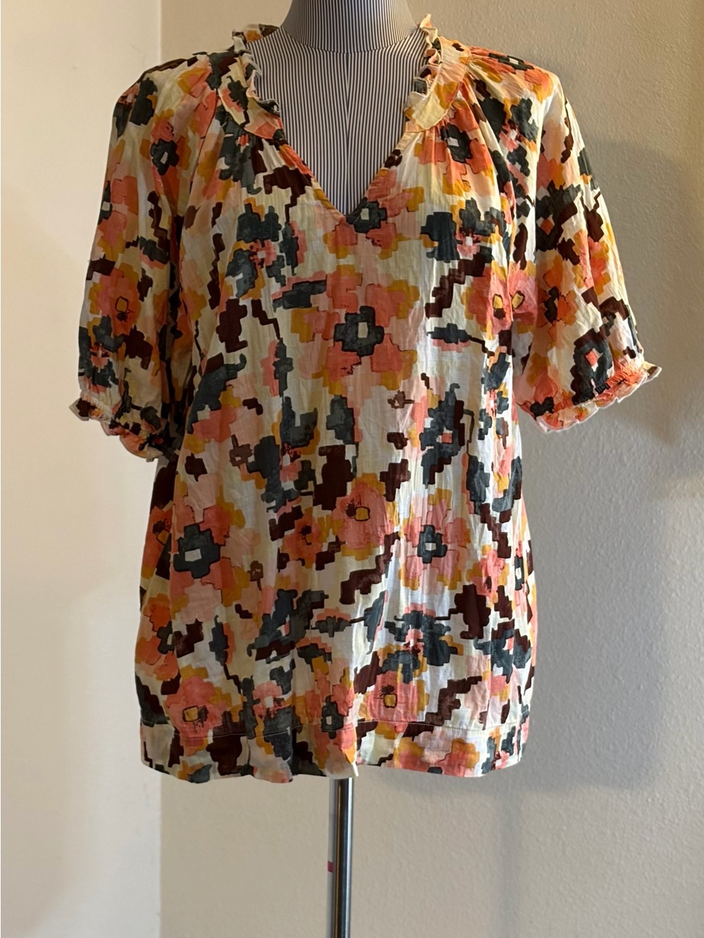 Sonoma Floral V-Neck Short Sleeve Top in Yellow, Pink, Coral and Charcoal